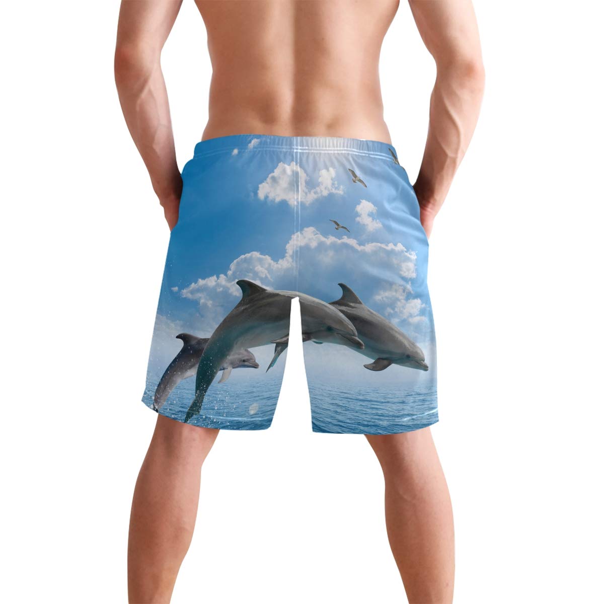 Marine Dolphins Mens Trunks Beach Board Shorts Drawstring Waist Mesh