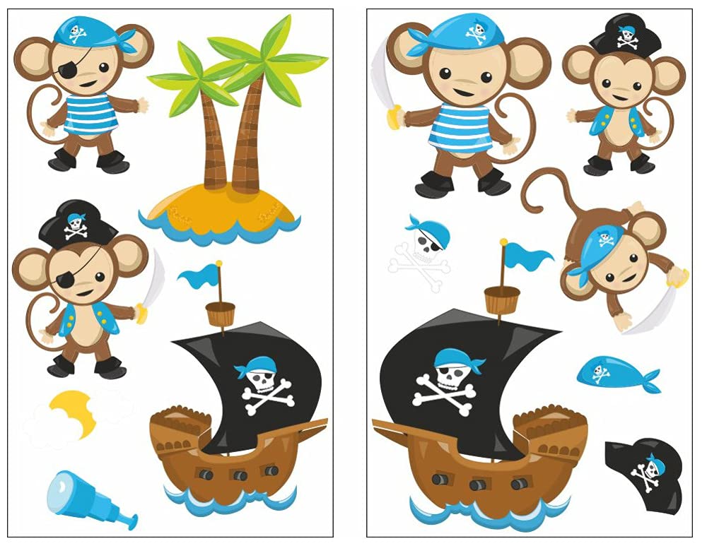 Samunshi® 13 Piece Pirate Monkey Blue Wall Tattoo Set for Child's Bedroom Baby Room Pirate multicoloured, 2x