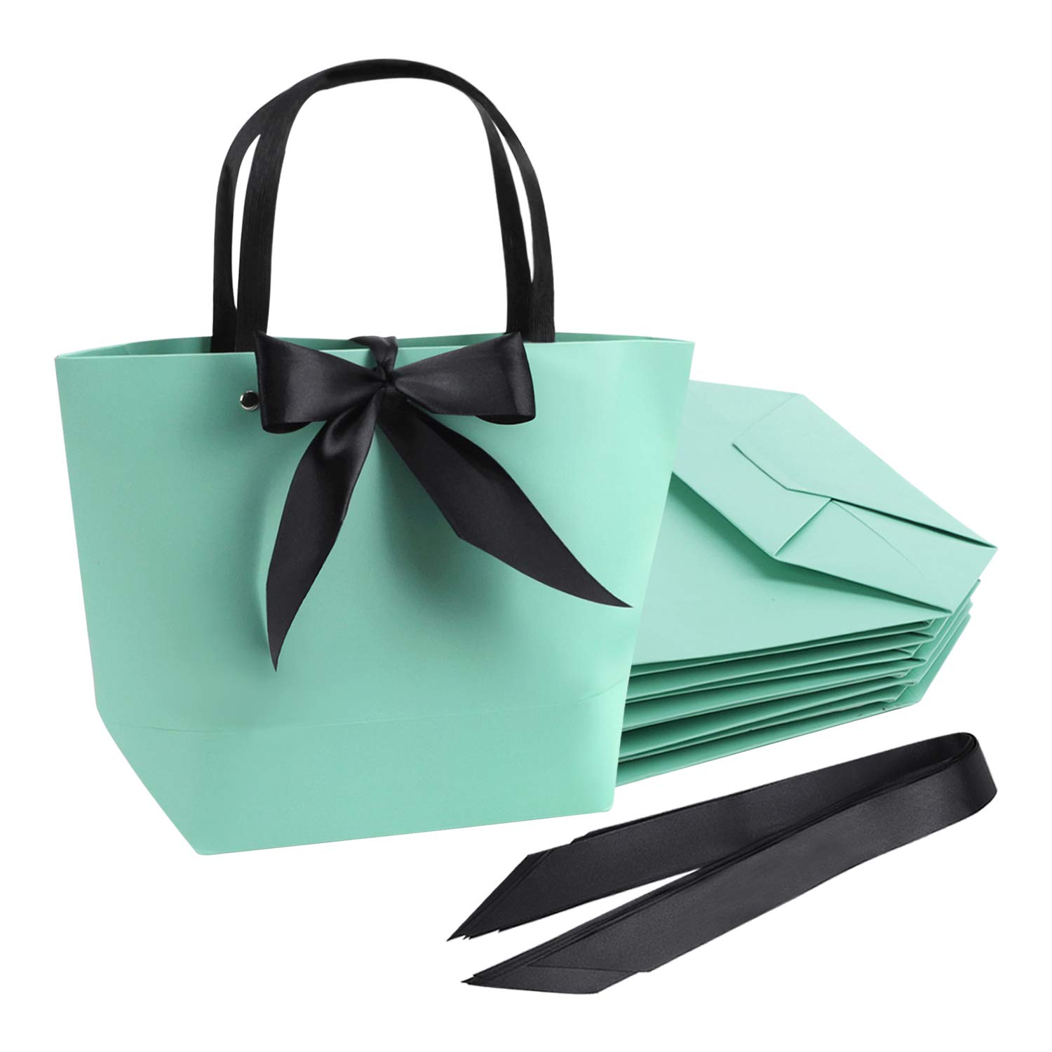 10X Elegant Ribbon Bow Paper Bags with Handles, Recycled Paper Gift Bags Party Favour Bags for Birthday, Christmas,Wedding/Bridesmaid Celebration Present, Baby Shower, 28cm*20cm*10cm