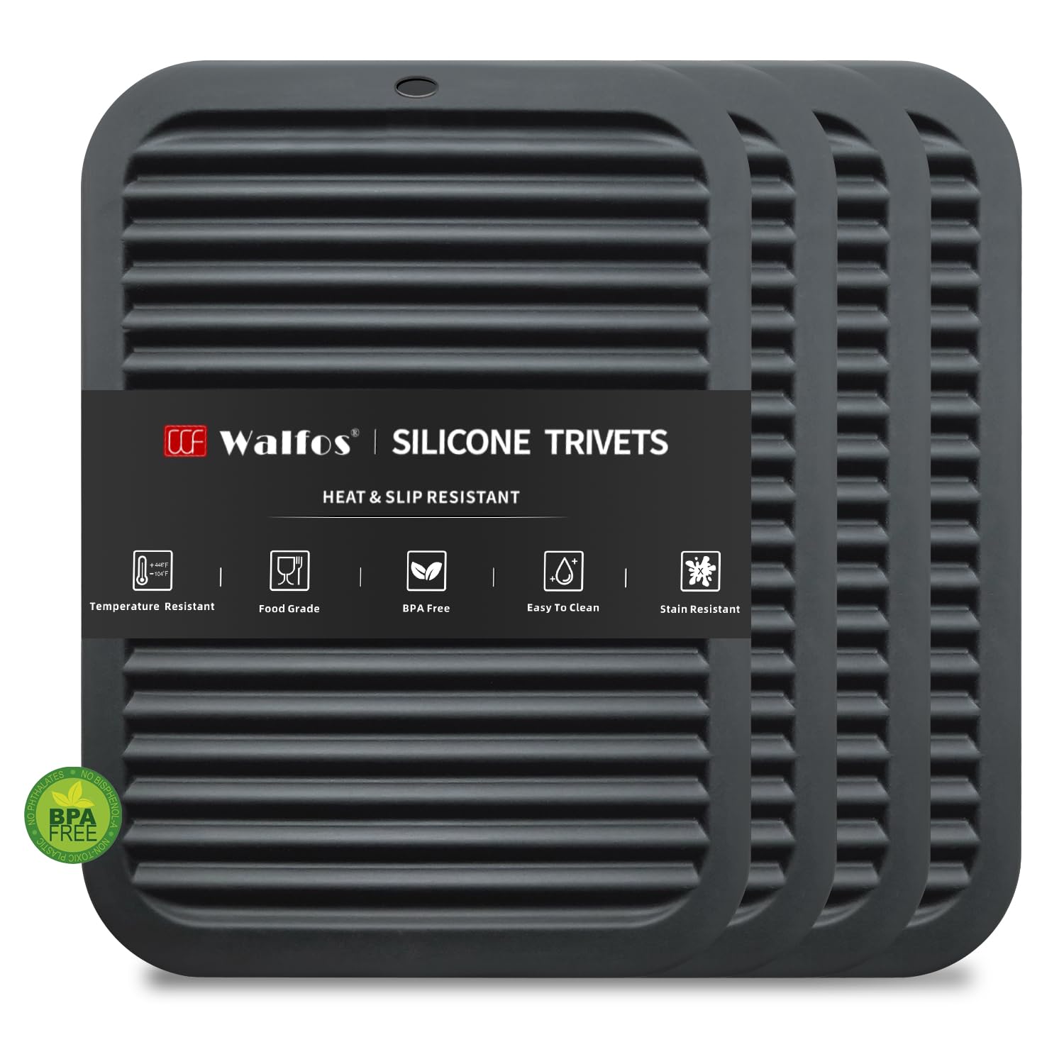Walfos Silicone Trivets for Hot Pots and Pans - 446°F Heat Resistant Hot Pads for Kitchen Counter- 4 Pcs Multi-Purpose & Versatile Trivet Mat - Long-Lasting & Flexible Silicone Hot Pad（Black）