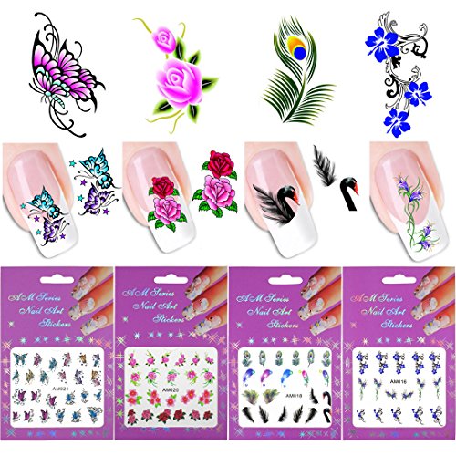 2 Wheels Acrylic Nail Rhinestones kit 12 colors Pearl Nail Art Rhinestones Decor Accessories, 4 Sheets Nail Decal Water Transfer Tattoo Stickers (ADDSET7C)