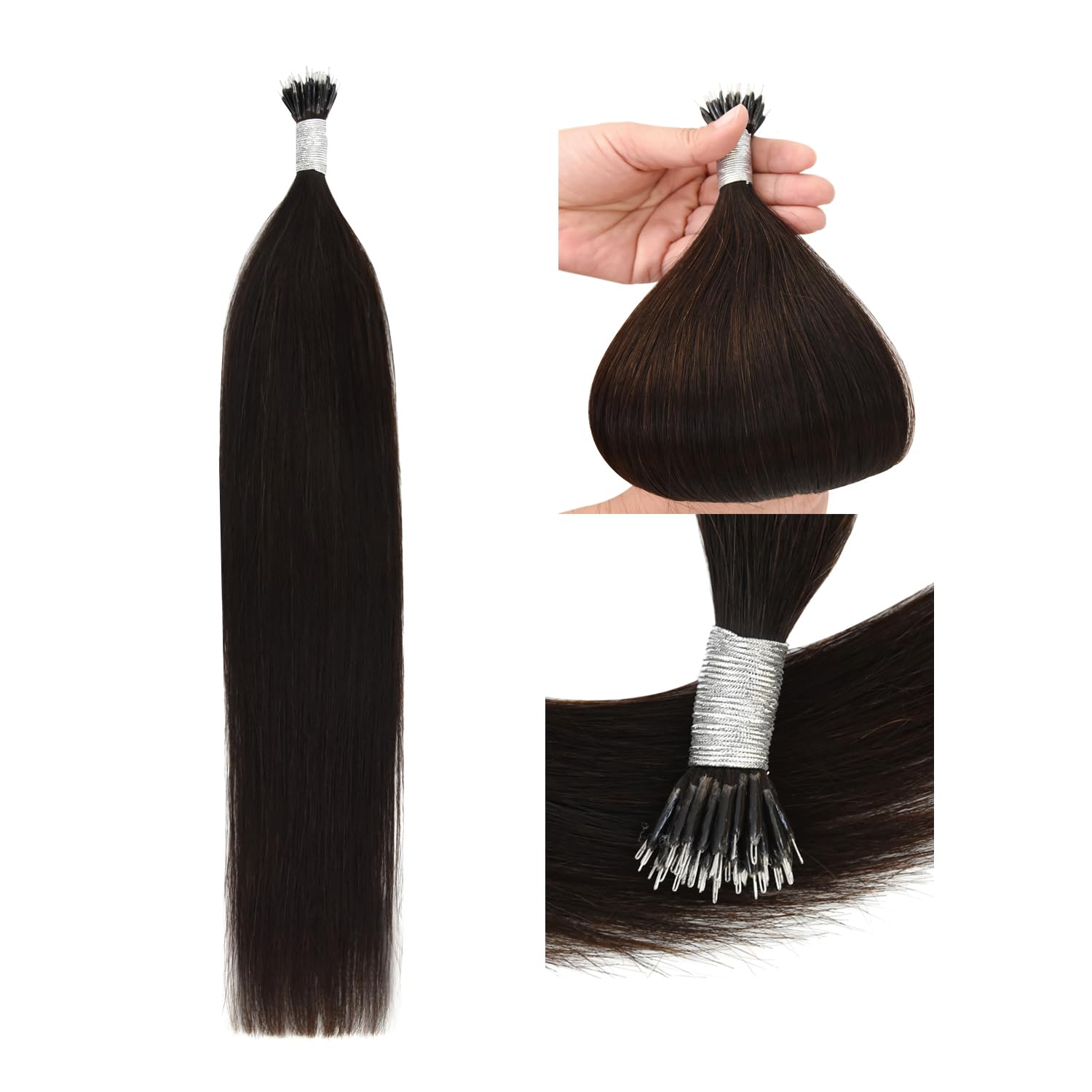 Nano Ring Tip Hair Extensions Real Human Hair Nano Beads 50g Remy Hair Extensions (18 Inch #2 Dark Brown)