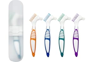 YOUYA DENTAL 4 Pcs Denture Brush with Portable Case, Denture Brush Dual Head Hygiene Cleaner Rubber Handle Reusable Touch Soft Toothbrush Cleaning Brushes for False Teeth Cleaning with Carrying Case