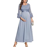 CYCLAMEN Floral Lace Maternity Maxi Dress Ruffle Bell Sleeves Crew Neck Elegant Chiffon Evening Gown Baby Shower Wedding