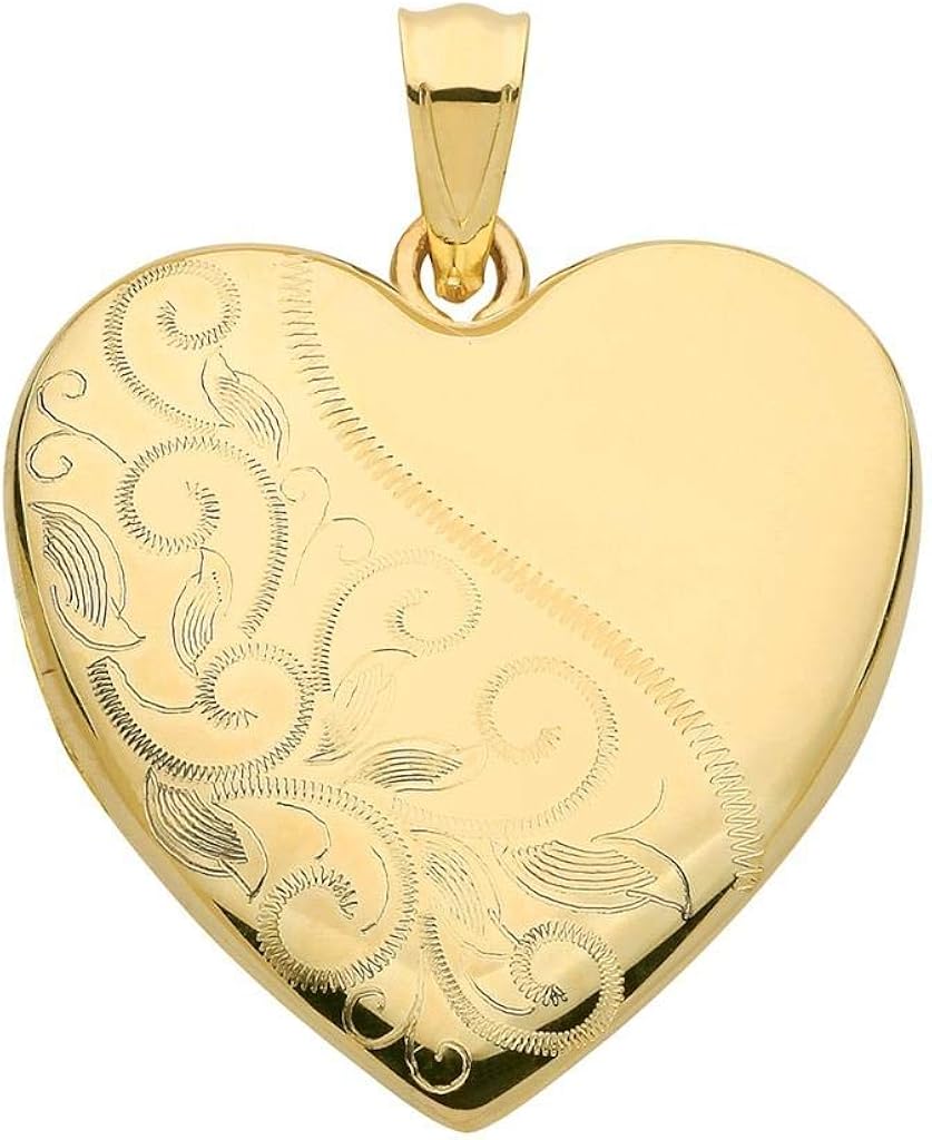 9ct Yellow Gold 24mm Half Engraved 2 Photo Heart Shaped Locket