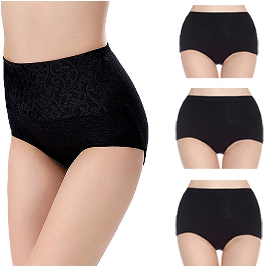 LashapearWomens High Waist Underwear Solid Color Tummy Control Cotton Brief Panties 3/5 Pack