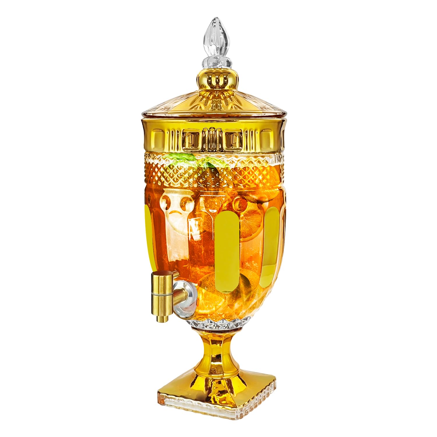 Photo 1 of 1.3 Glass Drink For Parties Glass Beverage Dispenser with Spigot for Party Bar Wedding Crystal Collection Dispenser Wide Mouth with Lid Iced Beverage Dispensers (1.3gal Golden Vertical Stripes)