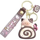 ELVRLA Girly Super Cute Lovely Pink Brown Swiss Roll Bread Cake Cat Kitty Panda Keychain Key Ring Bag Charm Pendant