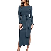 ANRABESS Womens Long Sleeve Sweater Dress Crew Neck Slim Fit Slit Tie Waist 2025 Ribbed Knit Bodycon Midi Dress Fall Outfits