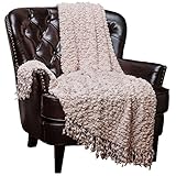 Chanasya Super Soft Beautiful Elegant Decorative Woven Popcorn Texture Couch Bed Beige - Ivory Beige Throw Blanket With Ball Fringe