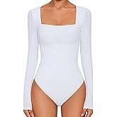 Avidlove Bodysuits for Women Sexy Long Sleeve Bodysuit Square Neck Double Lined Ruched Snap Closure Bodysuit Tops