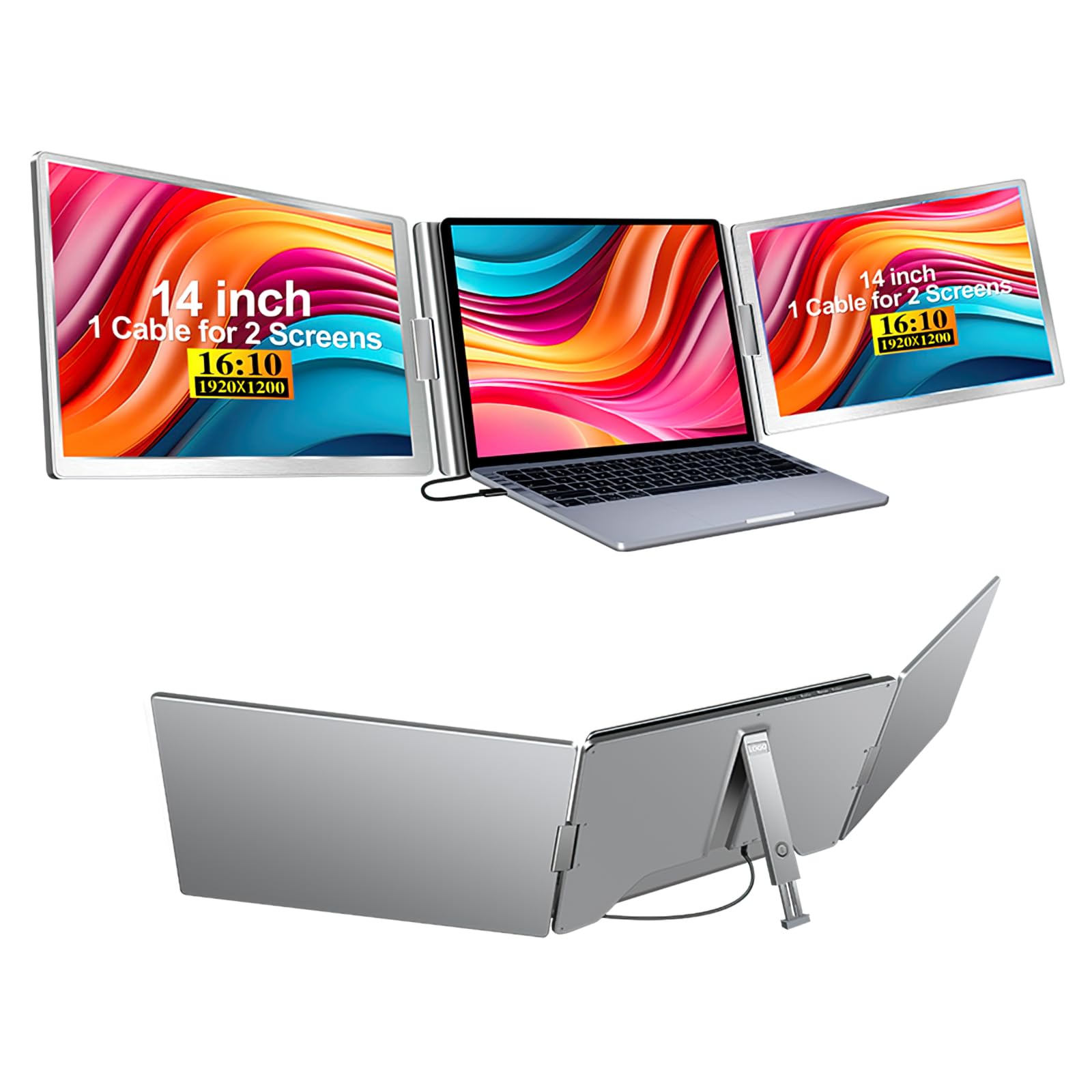 Yxk 14" Triple Portable Monitor, FHD 1080P IPS Laptop Monitor Extender Full Function Type-C/HDMI Ports, Foldable Dual Screen Extender for 13.3’’-17.3" Compatible with Windows, Mac