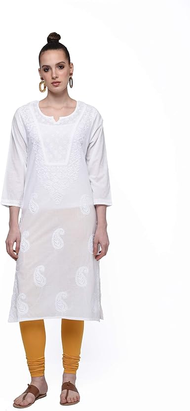 100 Cotton White Kurti For Women Latest Design Chikan Embroidery Kurti Paisley Design Chikankari Long Kurta For Girls Buy Online At Best Price In Uae Amazon Ae