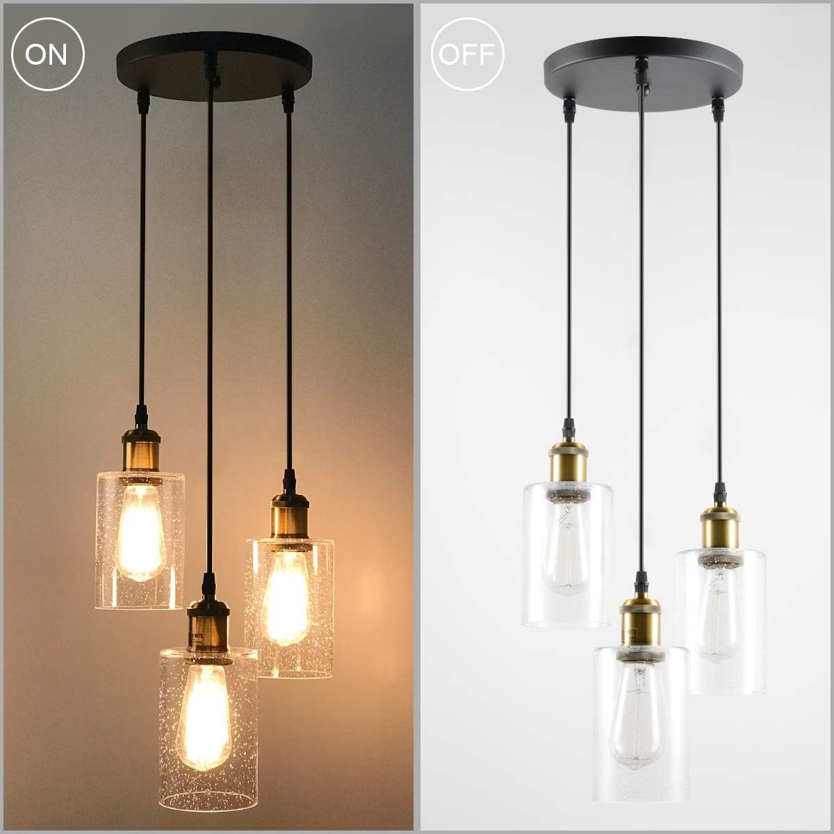 VILUXY Vintage 3 Light Glass Pendant Light Classic Cluster Chandelier Hanging Lighting Fixture with Seeded Glass Shades for Kitchen Island, Dinning Room, Bar, Cafe，Farmhouse - - 