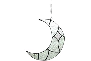 KARHUIMOYI Moon Stained Glass Suncatcher for Window Hangings, Handcrafted Art Glass Crescent Moon Decorations Indoor Window for Living Room Bedroom (Silver)