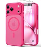 JJL for iPhone 17 Pro Max Case with 2 Pack Screen Protectors, Compatible with MagSafe, Full Camera Protection, Translucent Matte Magnetic Phone Cover, Hot Pink