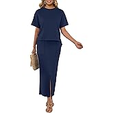 GRECERELLE Women Summer Casual 2 Piece Sets Crew-Neck Wrinkle-Free Top & Elastic Waist Maxi Front Slit Skirt with Pockets