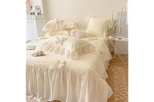 IHOUSTRIY Duvet Cover Queen Size, Ruffle Beddding Set with Bowtie, 3 Pieces Comforter Cover Set with Zipper Closure, Girl Princess Bedding with Pillowcase - Cream Yellow, Queen