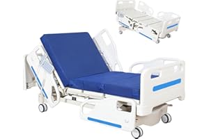 VEICAR Electric Hospital Bed, Advanced 5-Function Motorized Medical Bed w/CPR Reset, IV Pole & Emergency Stop, Nurse Control Panel, Battery Back-up and Safety for Home and Healthcare Use (Blue)