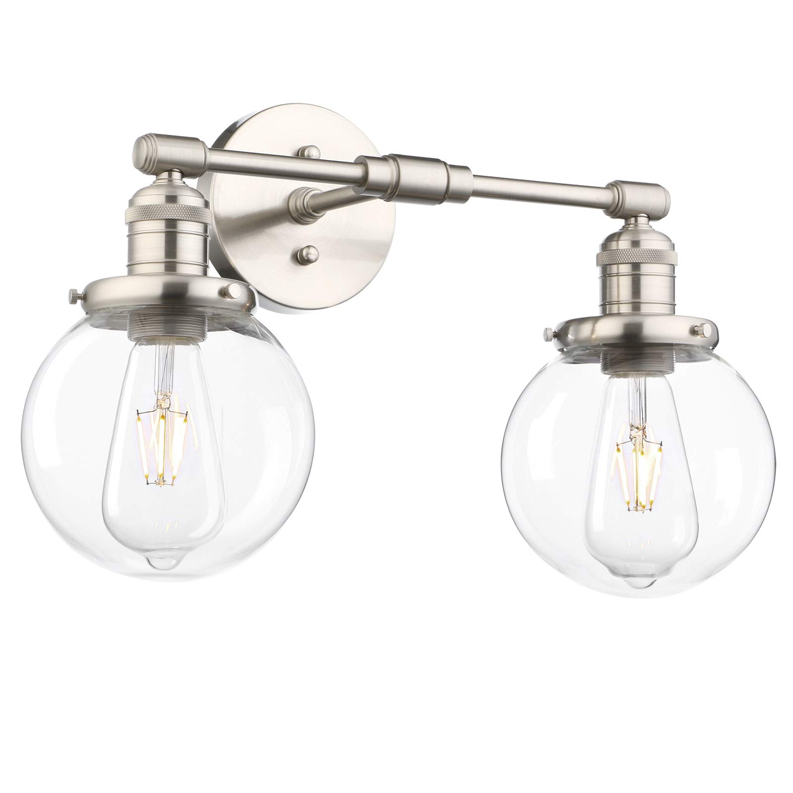 Phansthy Double Head Light Industrial Wall Lights Vintage Wall Sconces with Clear Globe Glass Shade Wall Lamp for Hallway Living Room Kitchen Dining Room Bedroom Vanity Mirror (Brushed)