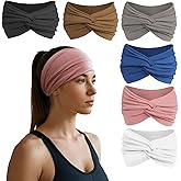 HSEM Headbands for Women, Non Silp Wide Hair Bands, Elastic Thick Head Bands, Stretchy Soft Sports Sweat Bands for Spa Workout Running Gym, Twist Knotted Cotton Cloth Turban Hair Accessories 6Pcs