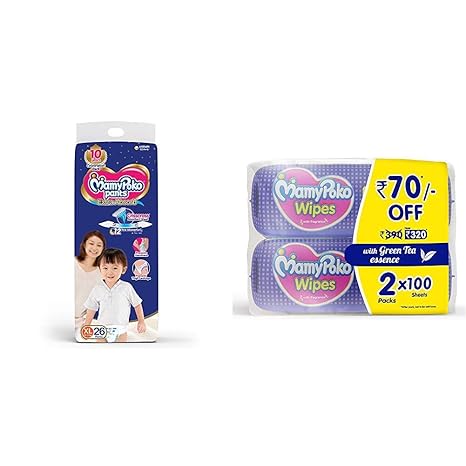 MamyPoko Pants Extra Absorb Diapers, Extra Large (Pack of 26) & MamyPoko Wipes with Green Tea Essence - Pack of 100 Wipes with Fragrance (100 Wipes)