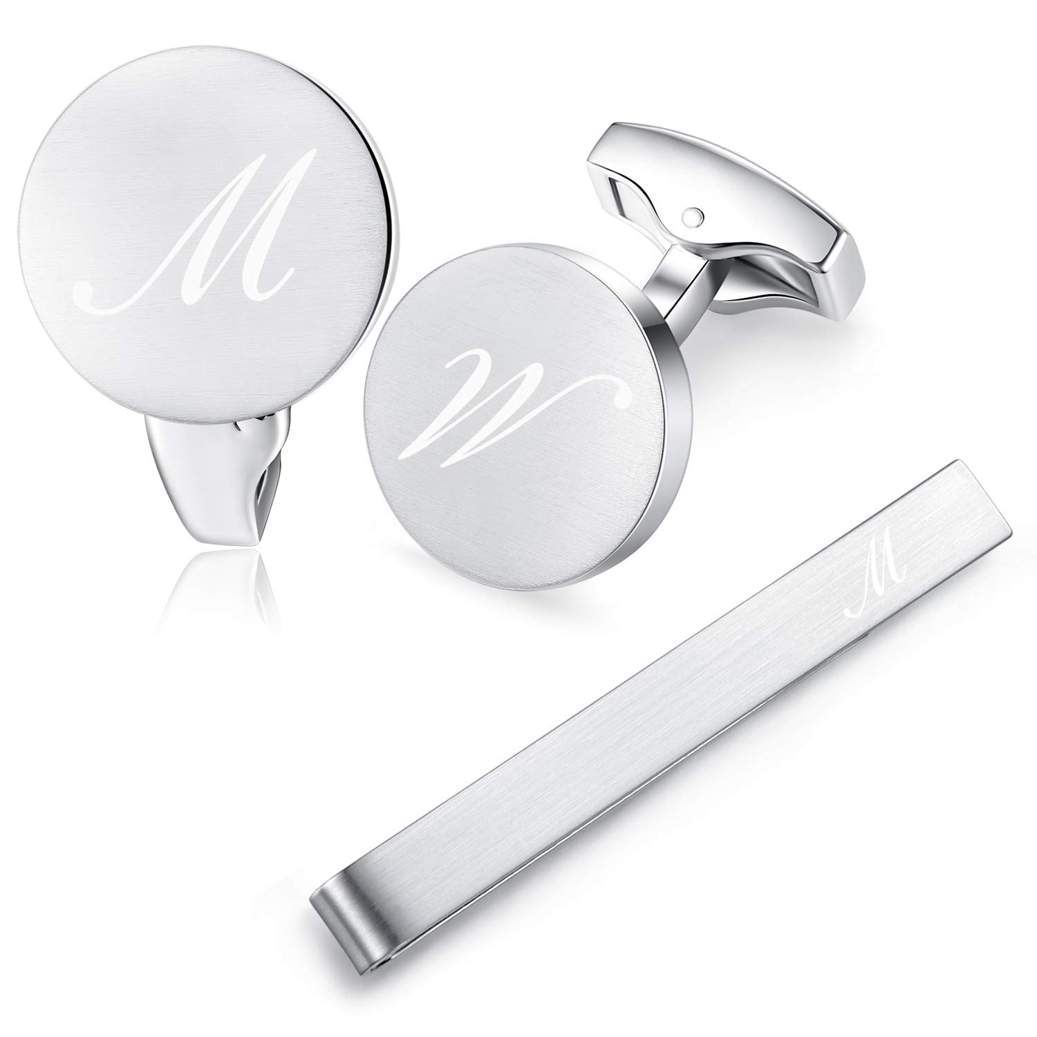 HONEY BEAR Initial Alphabet Letter Cufflinks Tie Clip Set for Mens - Round Stainless Steel, for Business Wedding Gift,Brushed Silver (M)