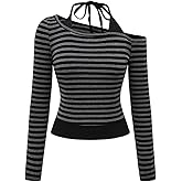 SweatyRocks Women's Off The Shoulder Tops Striped Long Sleeve Crop Halter Shirt Going Out Top