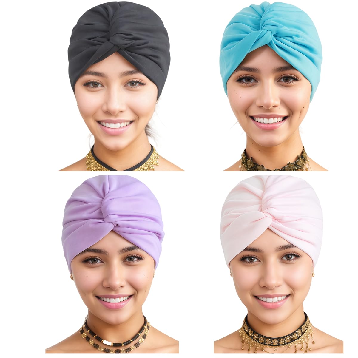 Photo 1 of AICILY Soft Pre-Tied Knot Turbans for Women | 4-Pack Chemo Headwraps, Cancer Turban Caps & Sleep Hats (US, Alpha, Small, Large, 4-Pack-C)