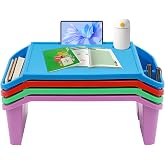 4Pcs Lap Desk Tray Plastic Breakfast Laptop Trays with Side Storage Pockets for Eating Writting Portable Snacks Lap Bed Table Activity Table Tray for School Classroom, Multicolor