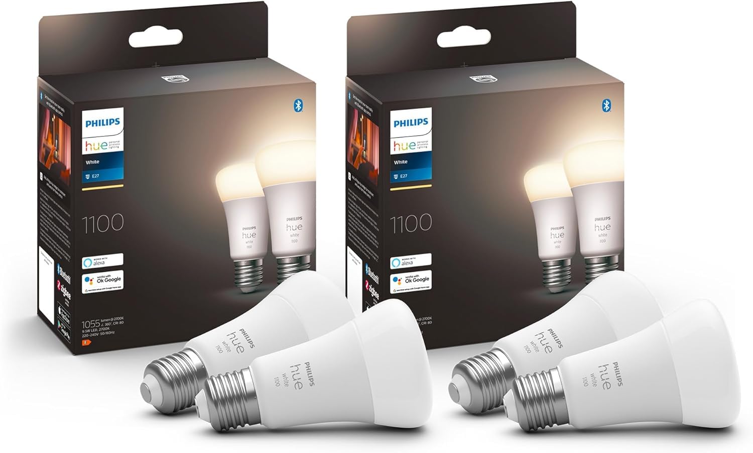 Philips Hue White - Bombillas inteligentes LED E27,1055lúmenes, Luz Blanca Cálida, Regulable, Controlable mediante Aplicación, Compatible con Amazon Alexa, Eficiencia Energética F, Pack de 4