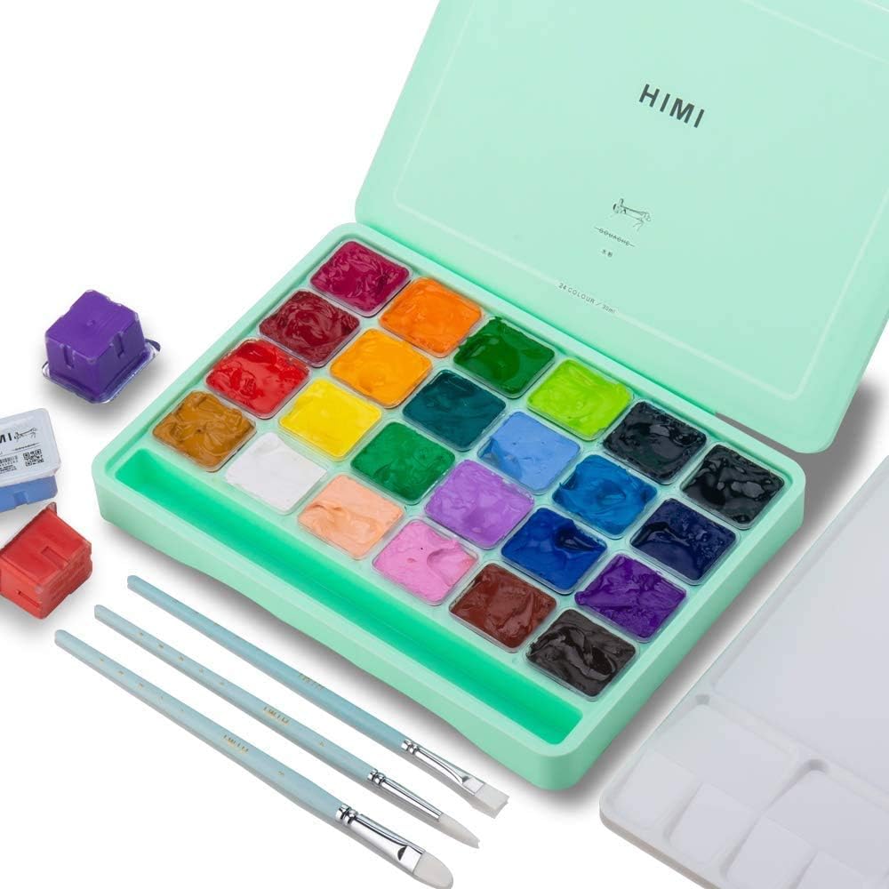 HIMI Gouache Paint Set, 24 Colours x 30ml with 3 Brushes & a Palette, Unique Jelly Cup Design, Non-Toxic