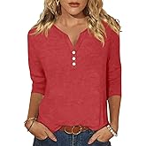 EADINVE Womens 3/4 Sleeve T-Shirts V Neck Buttons Tops Basic Tee Solid Color Blouse Loose Fit Pullover Summer Shirts 2024