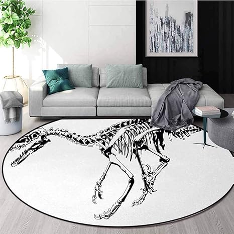Amazon 恐竜 娘部屋のカーペット スケルトン先史時代の野生動物ラプタープレデター骨絶滅種考古学プリントドアマット リビングルーム ベッドルーム 子供用プレイルームに適しています ブラックホワイト 直径 180cm ラグ カーペット オンライン通販