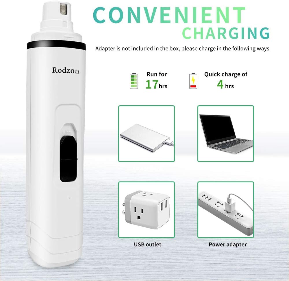 Rodzon Dog Nail Grinder, Professional 2-Speed Electric Rechargeable Pet Nail Trimmer 3 Ports Quiet Painless Paws Grooming Smoothing for Small Medium Large Dogs & Cats & Pets