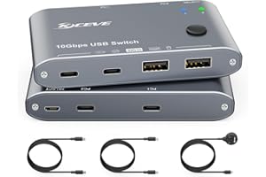 DXCHIP 10Gbps USB C Switcher 2 Computers Share 2 USB-C & 2 USB-A Devices 2 Laptops USB-C Switch for Keyboard Mouse Camera USB Headphone Microphone, USB Switch with 2 USB-C Data Cables and Wired Remote