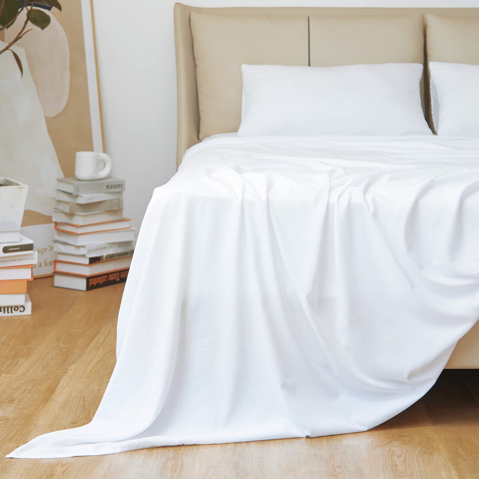 Sweetnight Bedding 4 Piece Double Bed Sheet Set, Soft Brushed Microfiber Sheet Set Easy Care Wrinkle Free Double Size Bedding Set- 1 Flat Sheet, 1 Fitted Sheets with 2 Pillowcases(Double Size, White)