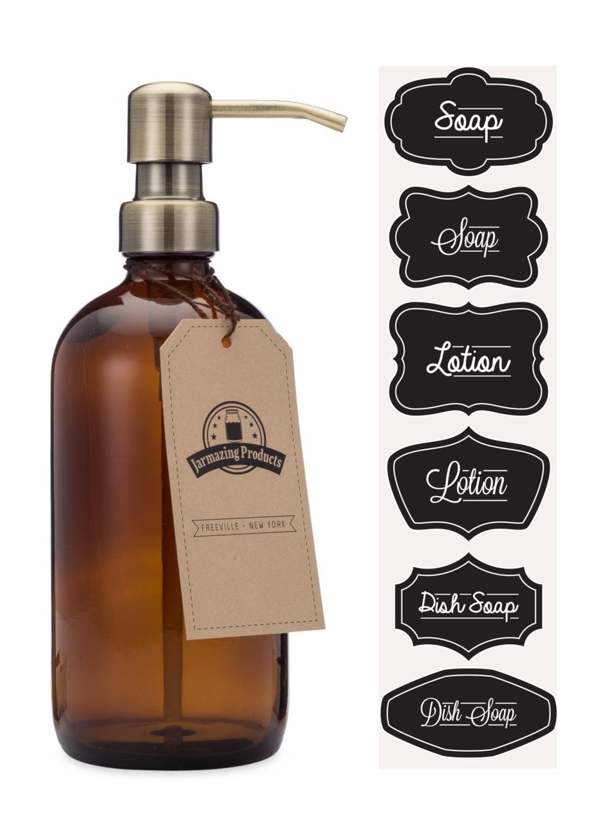 Jarmazing Products Amber Glass Jar Soap and Lotion Dispenser with Brass Pump - 16 oz