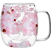 Real Flowers Inside Clear Glass Tea Cup, Double Wall Borosilicate Coffee Mug for Latte Cappuccino, Cute Aesthetic Floral Glassware, Romantic Gifts for Her Girlfriend Sister