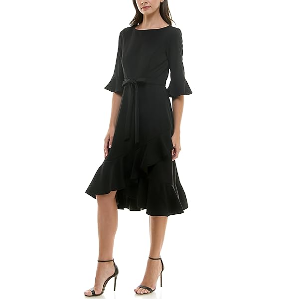GABBY SKYE WOMEN’S SAVANNAH CREPE RUFFLE HEM SHEATH MIDI DRESS, BLACK