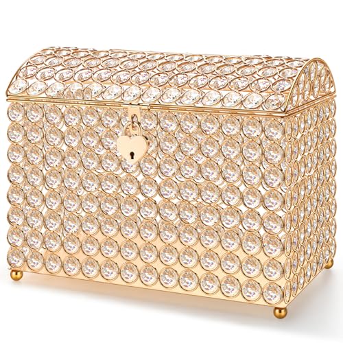 Photo 1 of Nitial Crystal Wedding Card Box with Heart Lock 11in Wedding Money Box Treasure Chest Gold Bead Card Receiving Memory Storage for Reception Brithday Graduation Baby Shower Party Decor