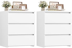FOTOSOK Nightstand Set of 2 White Nightstand with 3 Drawers, White Bedside Table Night Stand for Bedroom with Cut-Out Handle, Sofa Side Table for Bedroom, 17.7W*15D*21.7H