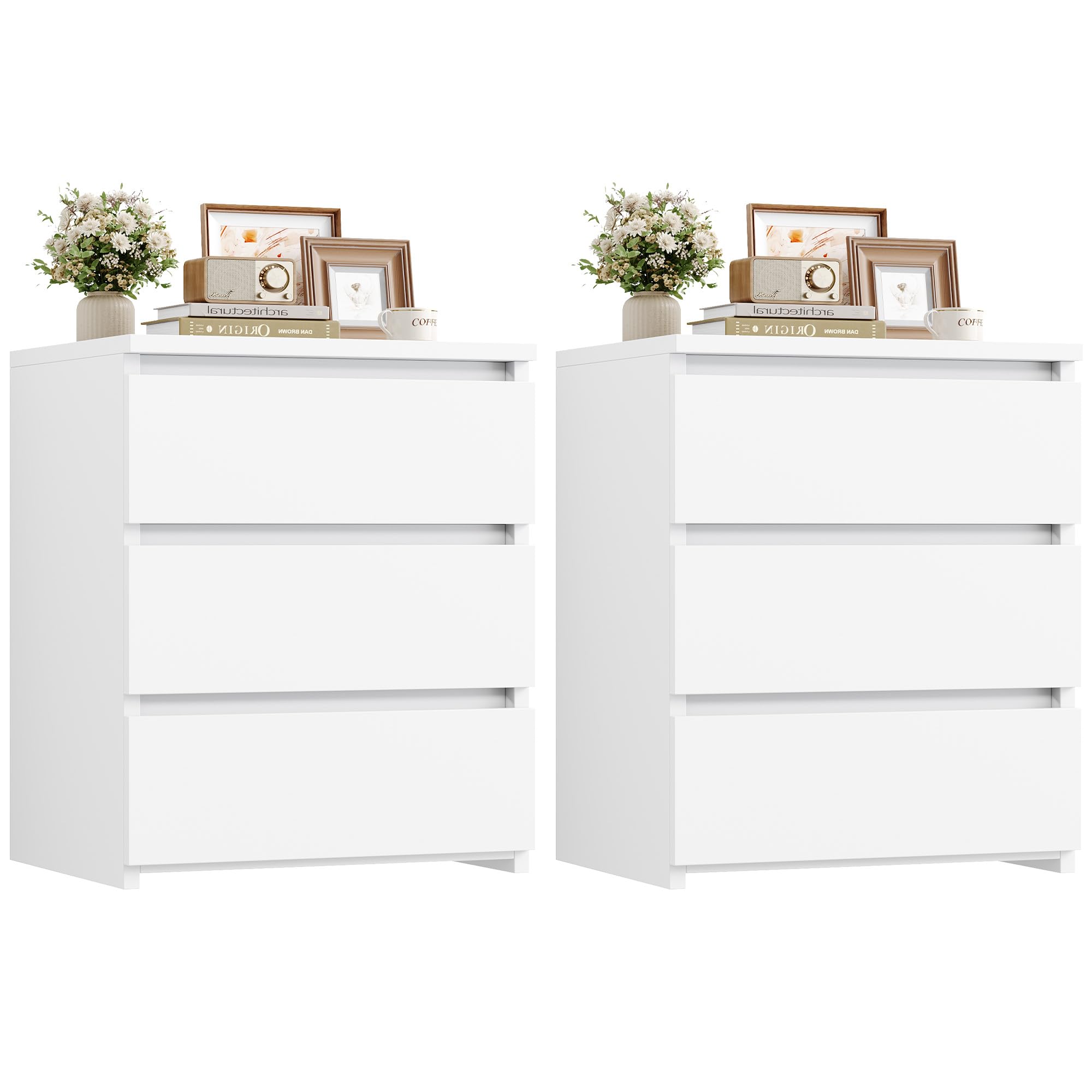 Photo 1 of ** SIMILAR COLOR BLUESH PINK **** FOTOSOK Nightstand Set of 2 White Nightstand with 3 Drawers, White Bedside Table Night Stand for Bedroom with Cut-Out Handle, Sofa Side Table for Bedroom, 17.7W*15D*21.7H