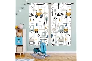 Riyidecor Construction Truck Curtains Rod Pocket Cartoon Excavator for Boys Kids Child Machinery Navy Blue Yellow Trees Living Room Bedroom Window Drapes Treatment Fabric 2 Panels 42x63 Inch