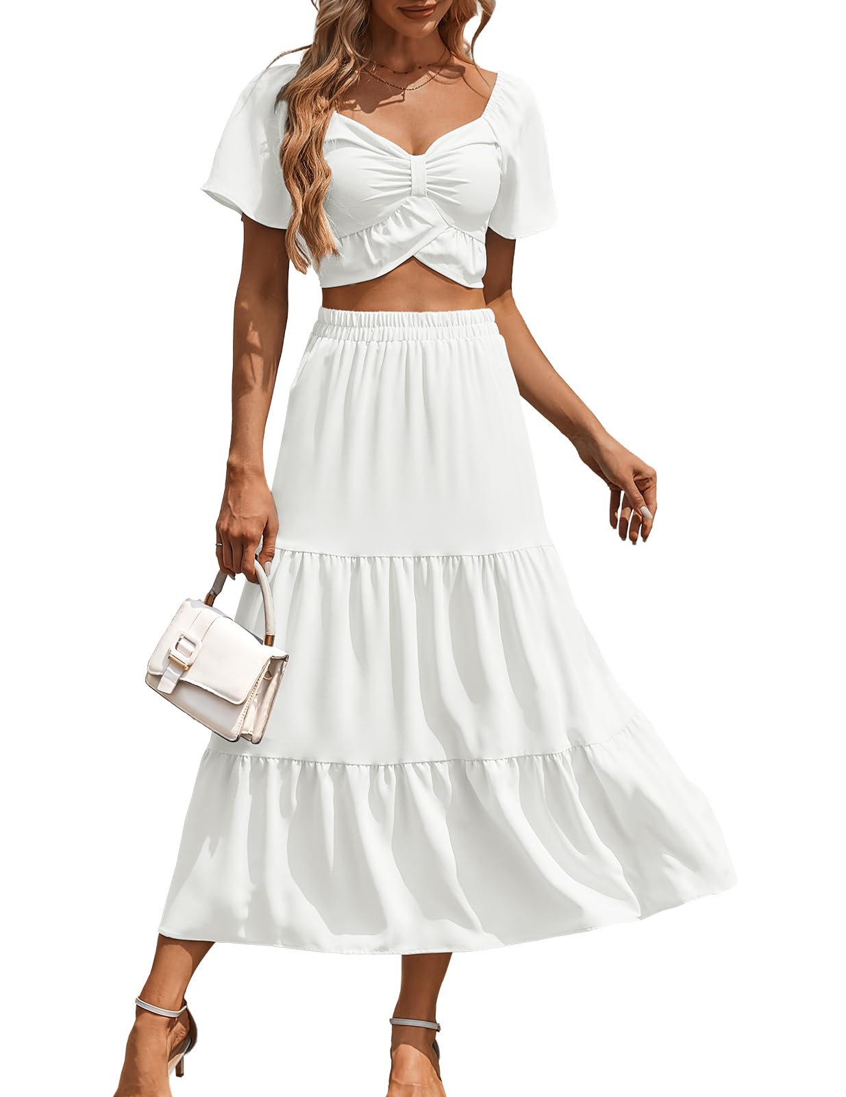 Photo 1 of DRESSTELLS Women's 2 Piece Skirt Set, Summer Outfit Suit 2025, Top & Maxi Skirt, Casual Beach Wedding Guest Off Shoulder Dress White S