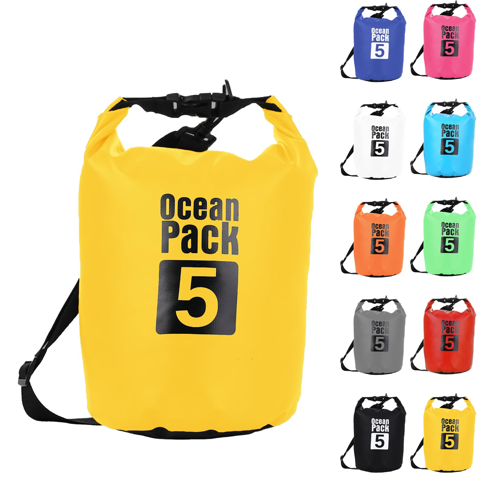 Dry Bag 5L, Boat Dry Bags Yellow Waterproof Bag Dry Sack Roll Top Long Adjustable Shoulder Strap 2L/5L/10L/20L/30L/40L for Drifting Boating Kayaking Fishing Rafting Swimming Camping Canoeing Surfing