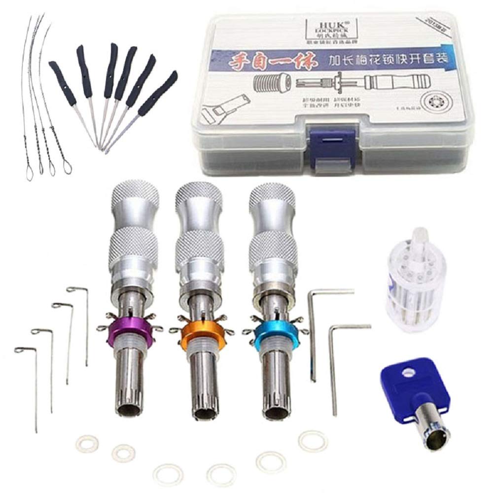 3pcs 7 Pin Stainless Steel Adjustable Tubular Lock Pick Tool and Transparent 7 Pin Tubular Lock with Broken Key Extractor Set (Blue Key Combination)