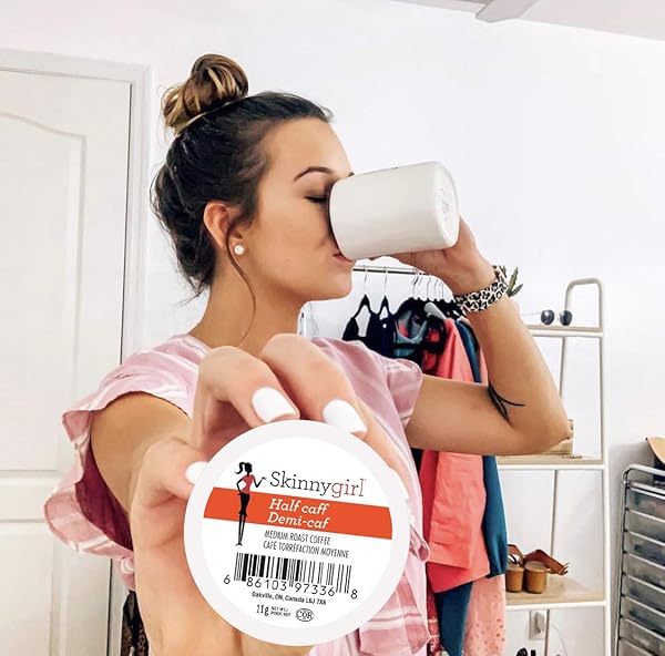 SKINNYGIRL HALF CAFF COFFEE PODS FOR KEURIG K CUPS BREWERS, REDUCED CAFFEINE MEDIUM ROAST COFFEE IN SINGLE SERVE CUPS, 24 COUNT