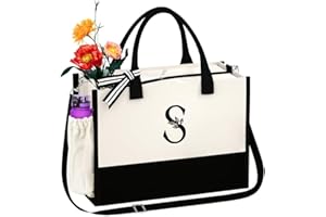 AUNOOL Mothers Day Gifts Canvas Initial Tote Bags for Women with Zipper and Pockets, 50th Birthday Gifts for her, Bridesmaid Proposal Gifts, Personalized Totes for Women Wedding Letter S