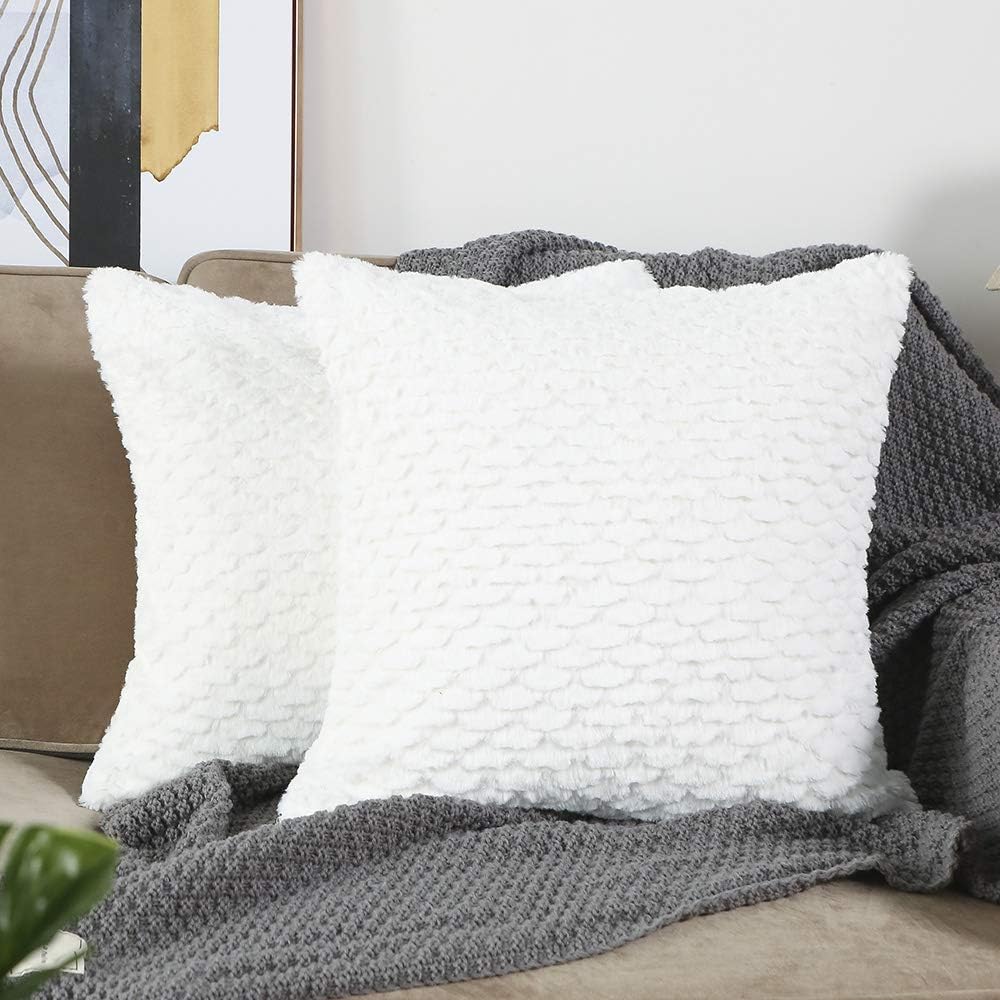 Madizz Pack of 2 Soft Plush Short Wool Decorative Throw Pillow Covers Luxury Style Cushion Case Pillow Shell for Sofa Bedroom Square White 18x18 inch